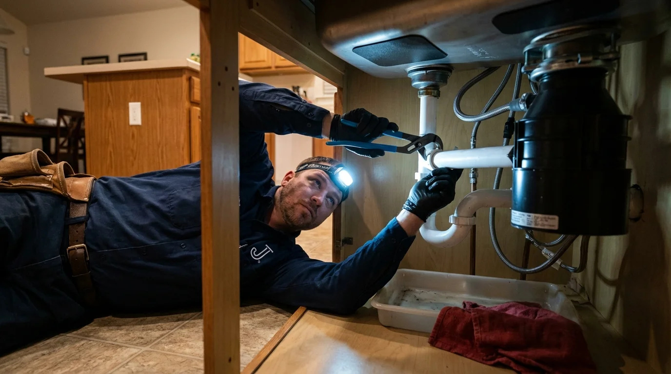 P-trap and supply line connections under a kitchen sink showing a common leak point in Spring City, TN